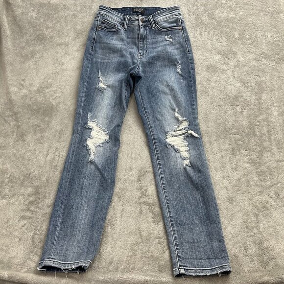 Judy Blue Jeans Womens 3 / 26 Boyfriend Fit Medium Wash Stretch Denim Distressed - Picture 3 of 16